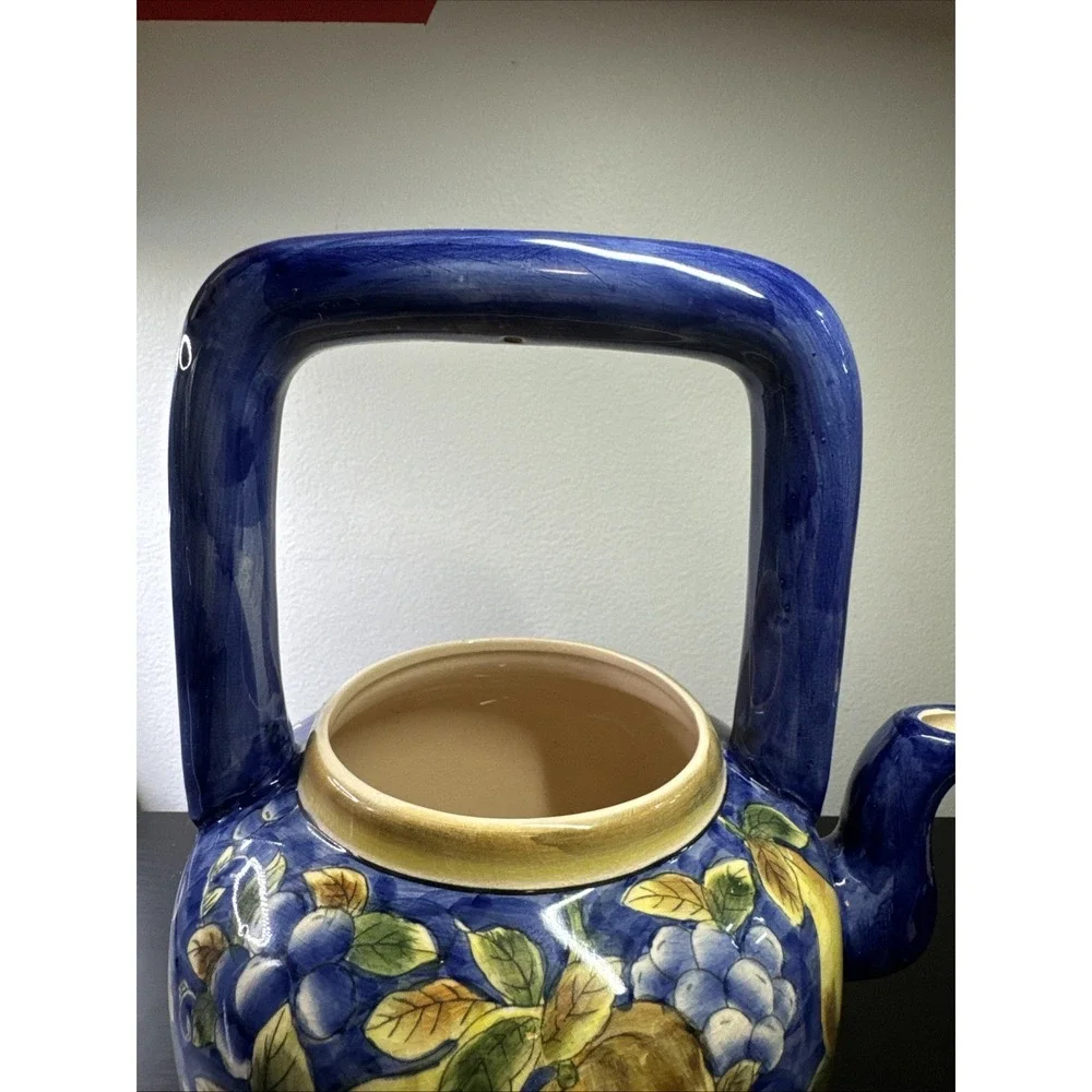 Lg Vtg Ceramic Pottery Teapot With‎ Lid Colorful Cobalt Blue Yellow Pears